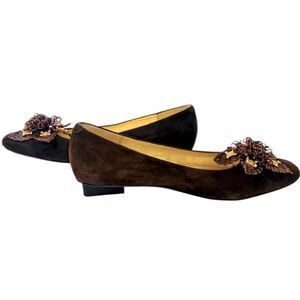 Vintage Costa Blanca Brown Suede Square Toe Embellished Mod Flat Shoes Sz 9 NWOT
